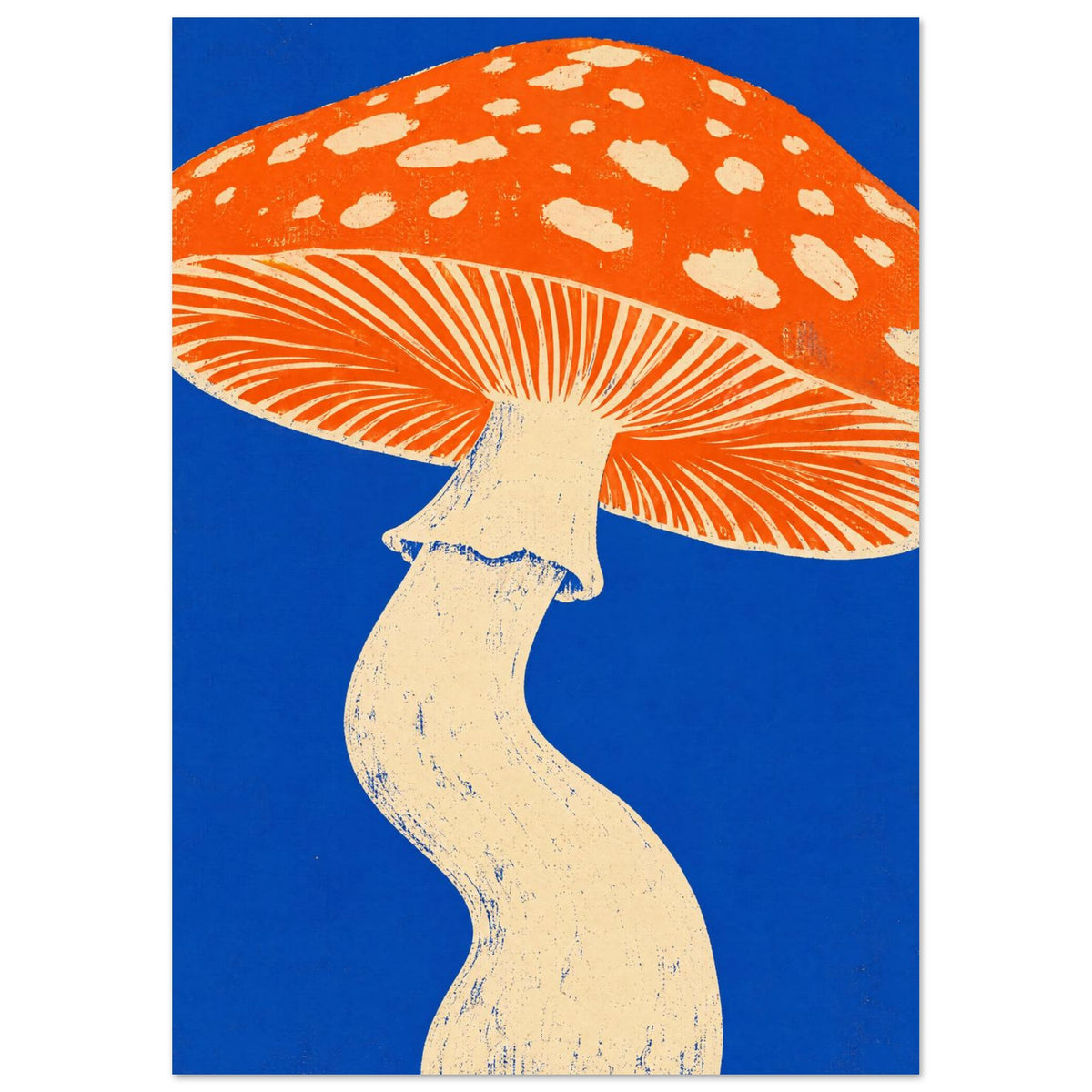 Mushroom with an orange spotted cap, cream gills and a curved cream stem against a vivid blue background.