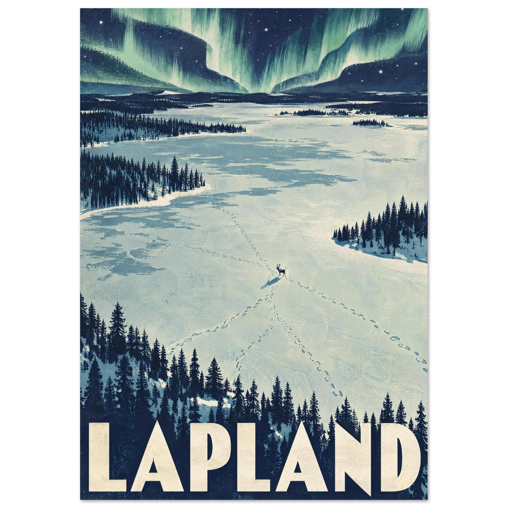 Lapland travel poster with green northern lights, snowy terrain, pine forests and tracks meeting near a lone deer.