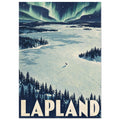 Lapland travel poster with green northern lights, snowy terrain, pine forests and tracks meeting near a lone deer.