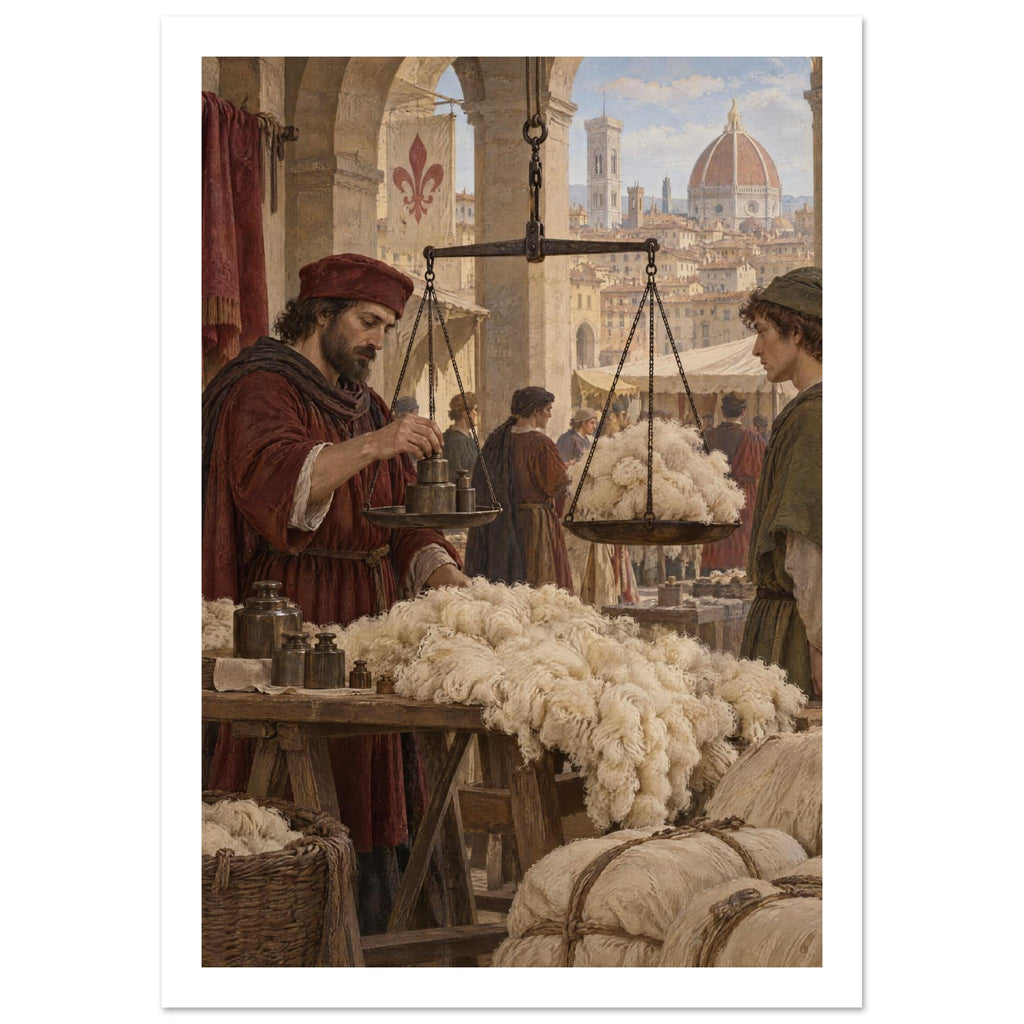 Wool merchant adjusting hanging scales beneath stone arches, with cream fleece and Florence's cathedral in the distance.