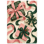 The Ribbon Dance shows three wrapped Christmas presents with oversized curling ribbons in forest green, shell pink and ivory.
