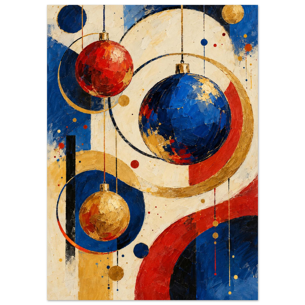 The Bauble Orchestra shows suspended circular ornaments and intersecting painted shapes in cobalt, vermilion, ochre and cream