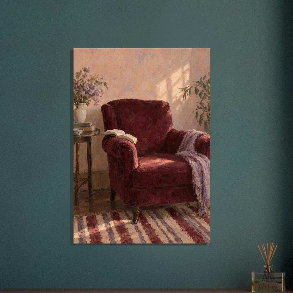 The Reading Chair painting showing a burgundy armchair with an open book, a cropped striped rug and afternoon light.