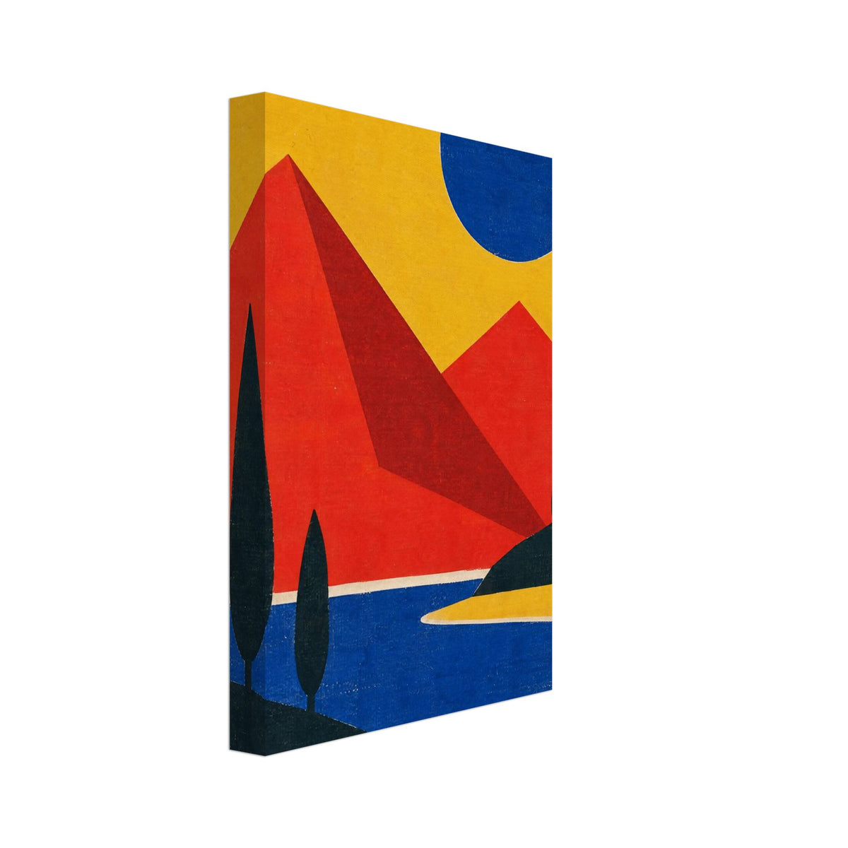 Red geometric mountains beneath a blue sun in a yellow sky, with dark slender trees beside winding blue water.