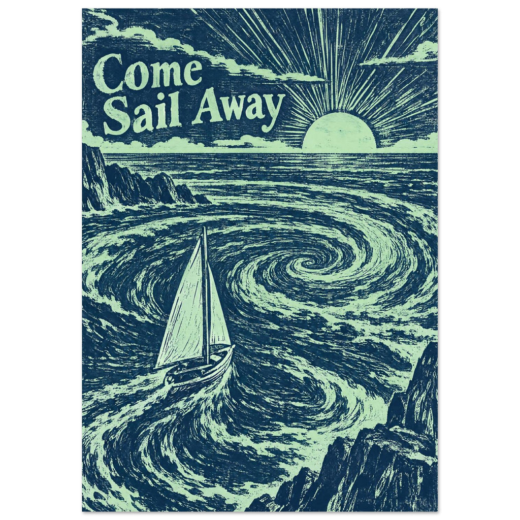 Sailboat amid swirling navy and mint waves, rocky cliffs and a radiant low sun beneath the words Come Sail Away.