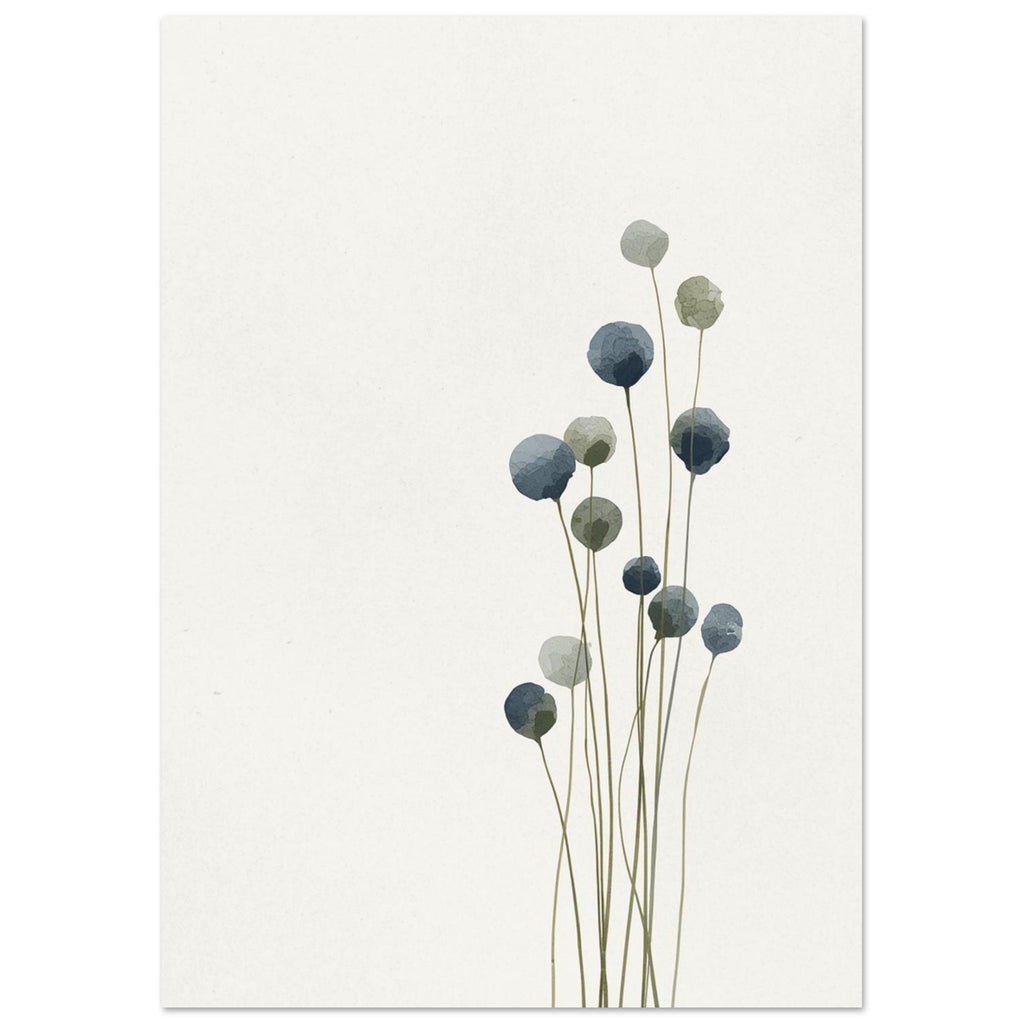 Runde blå og salviegrønne blomster sitter på tynne olivengrønne stilker mot en kremfarget bakgrunn.