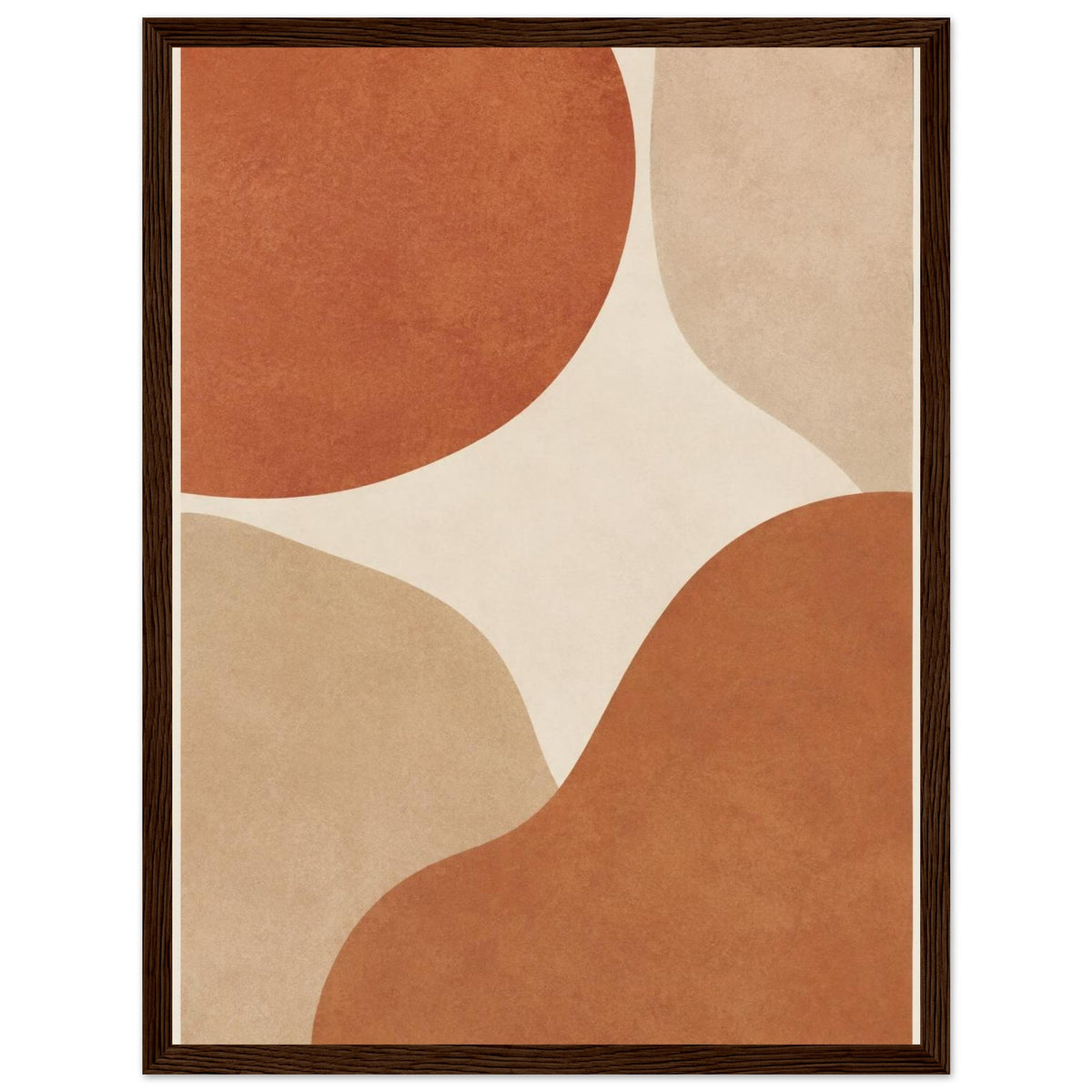 Abstract burnt orange and beige curved shapes on a cream background, with mottled texture and a narrow cream border.