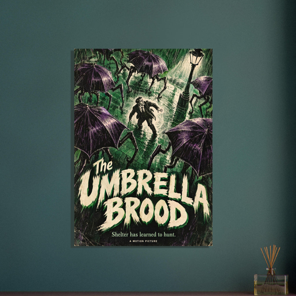 Purple umbrella creatures surround a man on a rainy green street above cream lettering reading ‘The Umbrella Brood’.