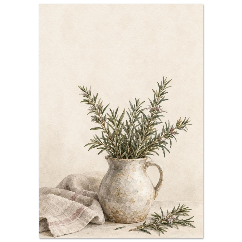 Rosemary in a stoneware jug painted in watercolour, with loose stems and folded linen against a warm ivory background.