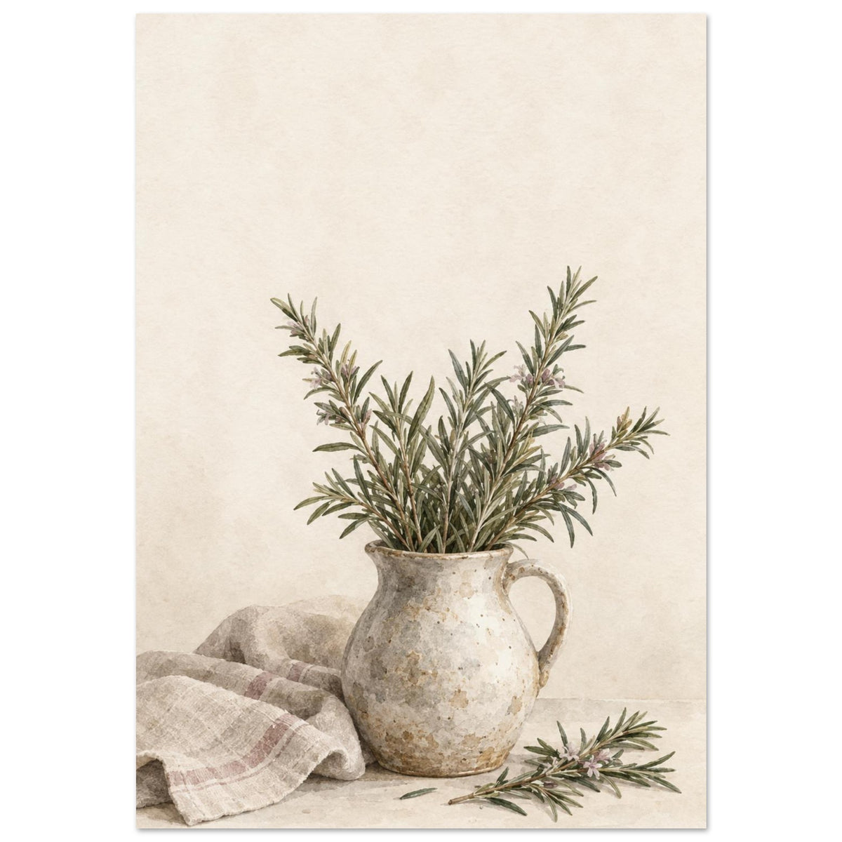 Rosemary in a stoneware jug painted in watercolour, with loose stems and folded linen against a warm ivory background.
