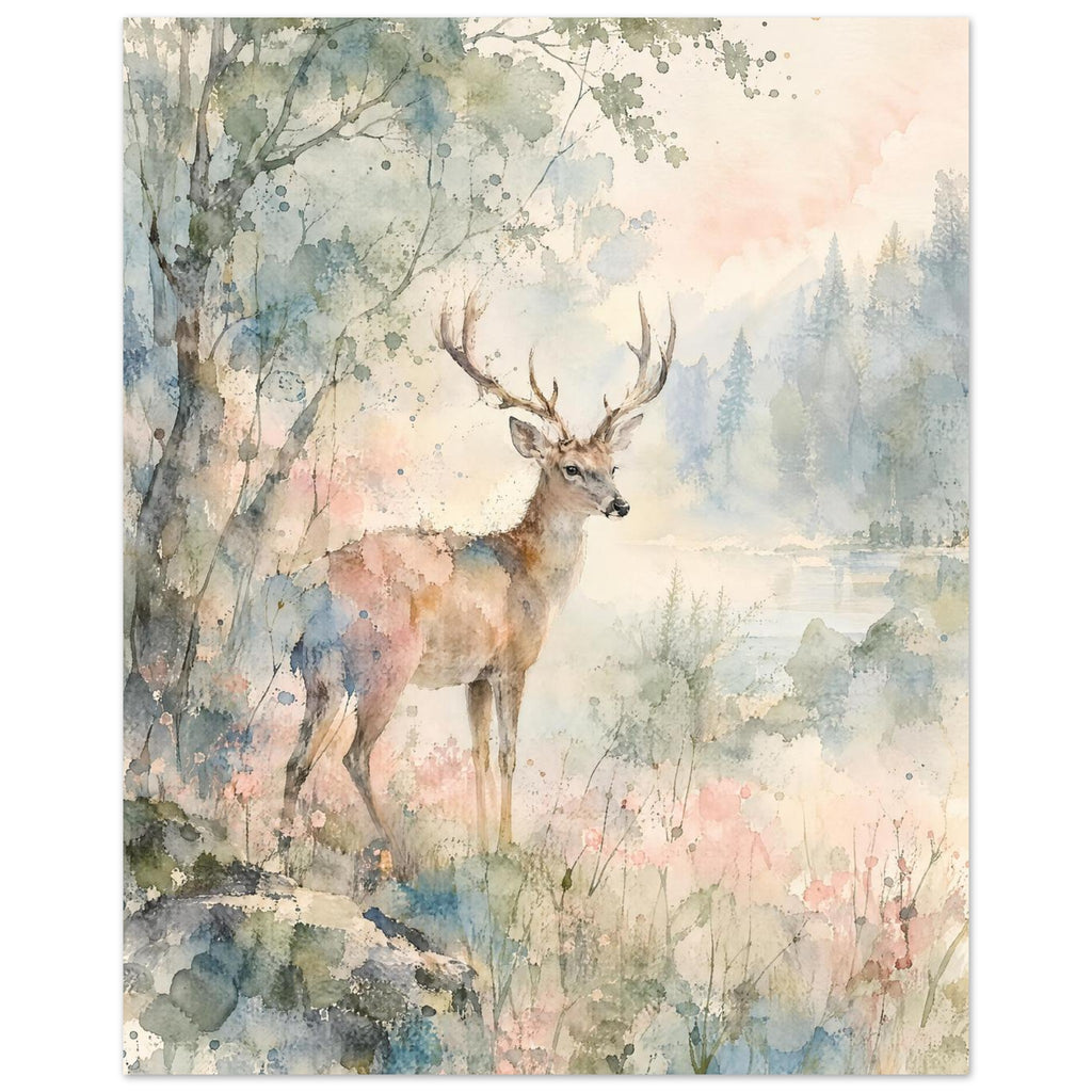 Antlered deer beside a tree and water, with misty conifers and loose watercolour washes of green, blue and pink.