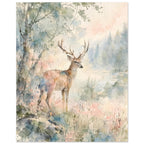 Antlered deer beside a tree and water, with misty conifers and loose watercolour washes of green, blue and pink.