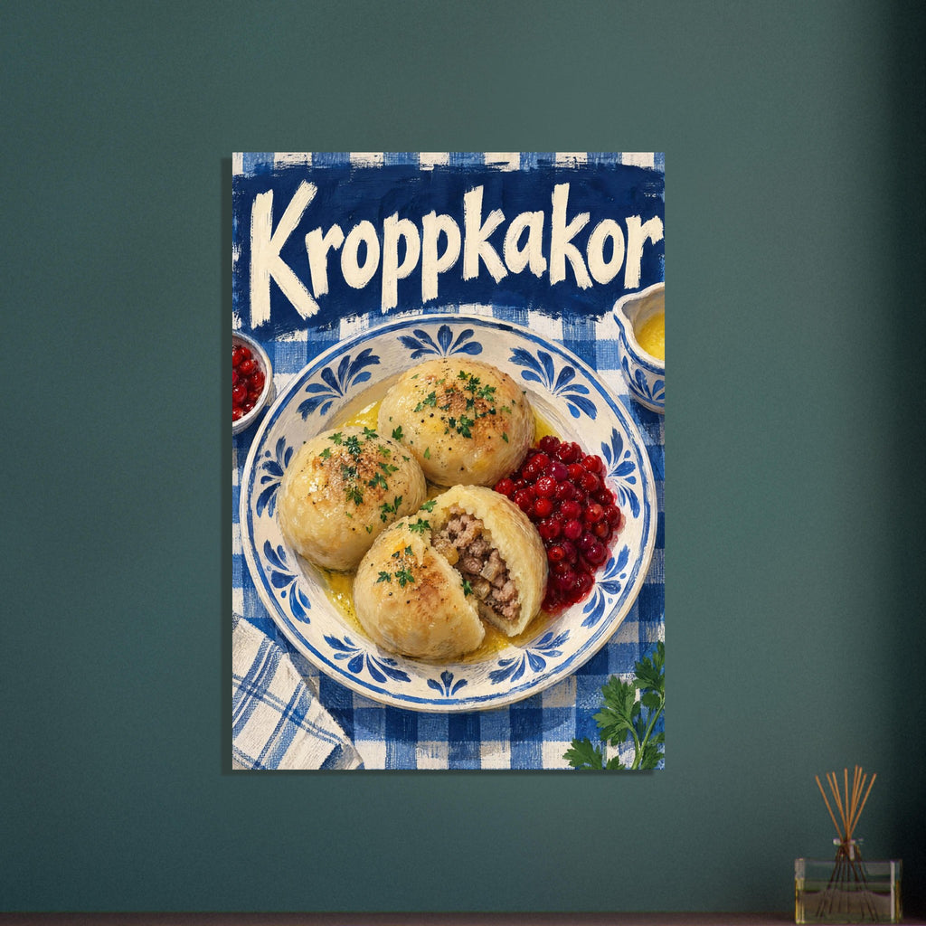 Kroppkakor dumplings with red berries on a blue patterned plate over gingham, beneath large cream Kroppkakor lettering.