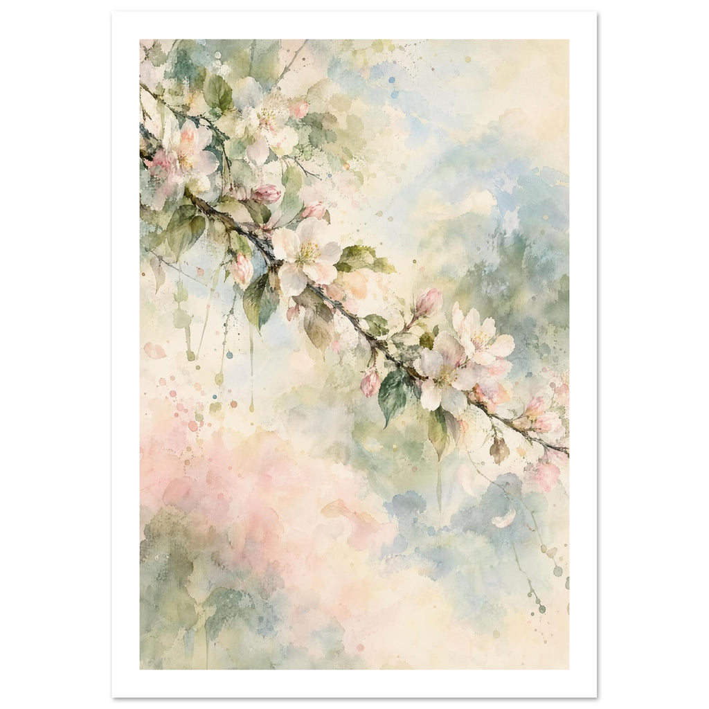 Flowering branch with pale pink and white blossom and green leaves against soft cream, blue and pink watercolour washes.