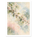 Flowering branch with pale pink and white blossom and green leaves against soft cream, blue and pink watercolour washes.