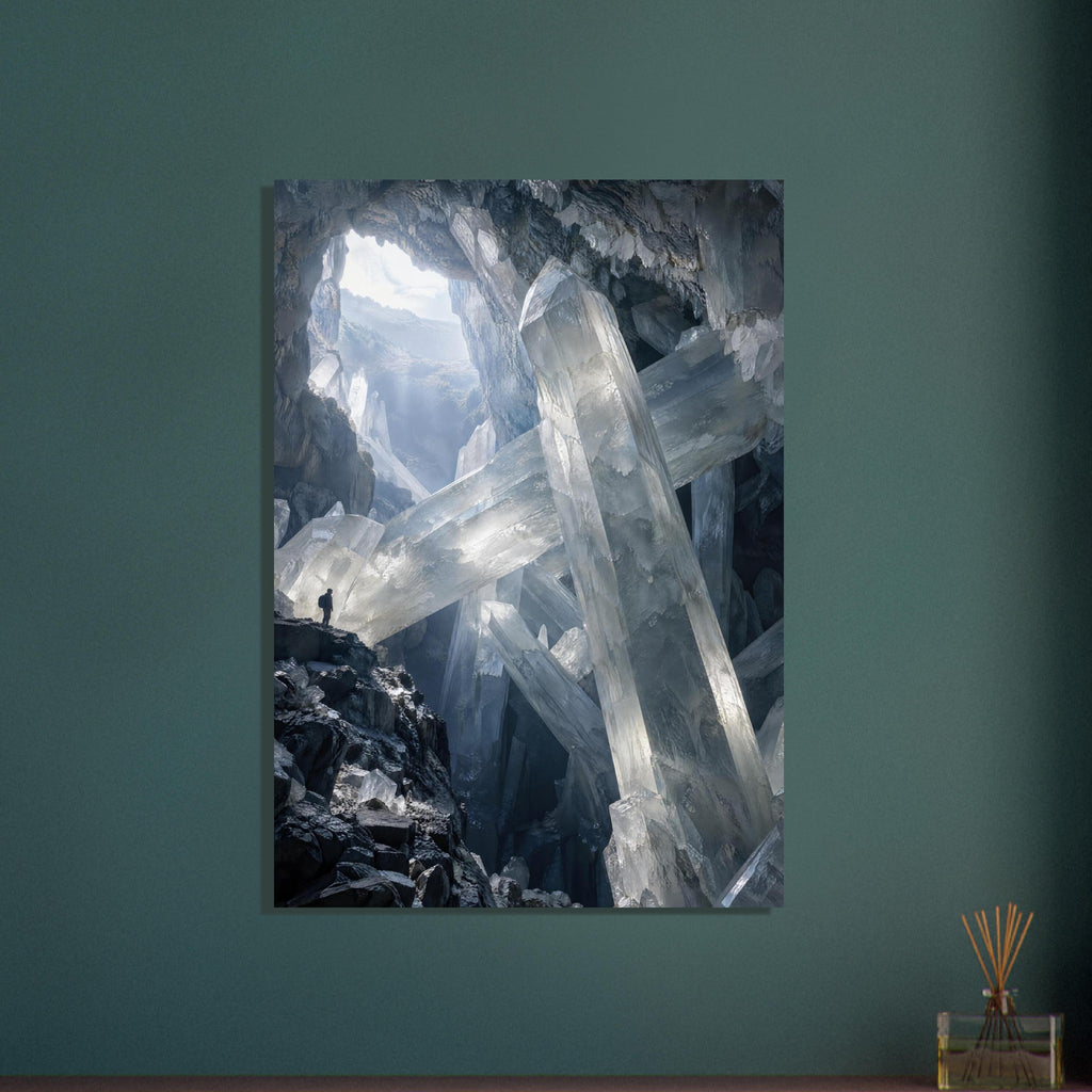 Giant translucent crystals cross a dark rocky cavern, with light entering above and a small figure standing on a ledge.