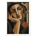 Cubist portrait of a dark-haired figure resting their chin in one hand, painted in beige, brown and deep olive.