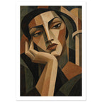 Cubist portrait of a dark-haired figure resting their chin in one hand, painted in beige, brown and deep olive.
