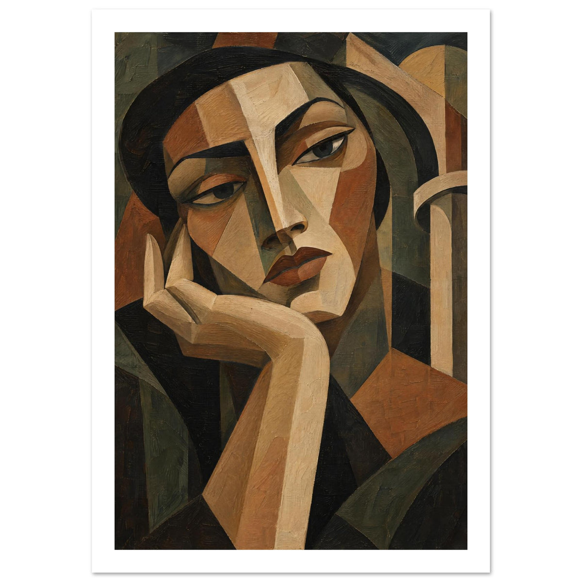 Cubist portrait of a dark-haired figure resting their chin in one hand, painted in beige, brown and deep olive.