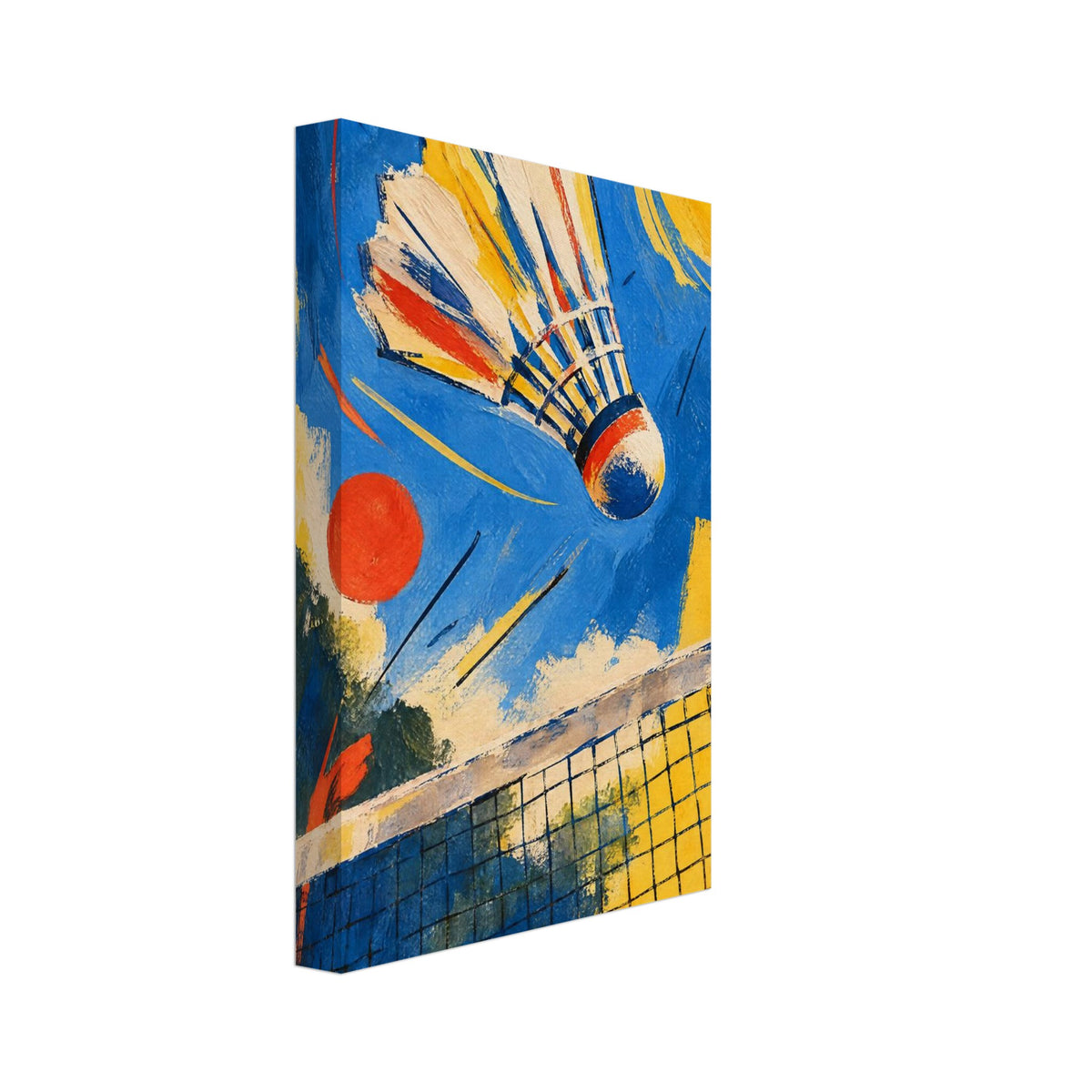 Cream and yellow badminton shuttlecock above a diagonal net, with textured blue, yellow and red painted shapes.