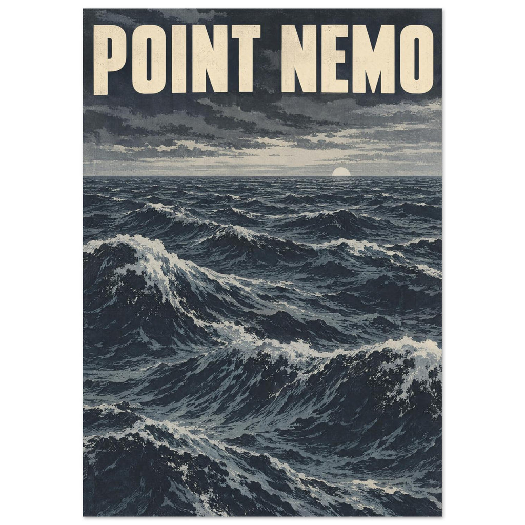 Point Nemo lettering above rolling blue-grey ocean waves, with foaming crests and a pale sun on a cloudy horizon.
