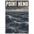 Point Nemo lettering above rolling blue-grey ocean waves, with foaming crests and a pale sun on a cloudy horizon.