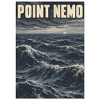 Point Nemo lettering above rolling blue-grey ocean waves, with foaming crests and a pale sun on a cloudy horizon.