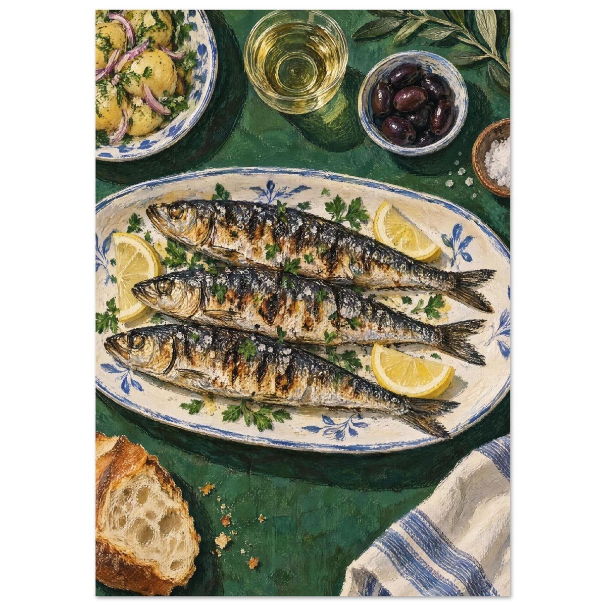 Three grilled fish with lemon and herbs on a patterned platter, with olives, potatoes and bread on a green table.