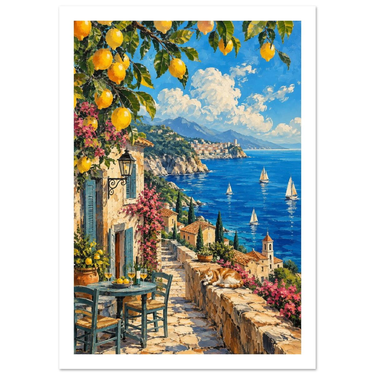 Lemon branches above a coastal terrace with a table, sleeping ginger cat, pink flowers and sailing boats on blue water.