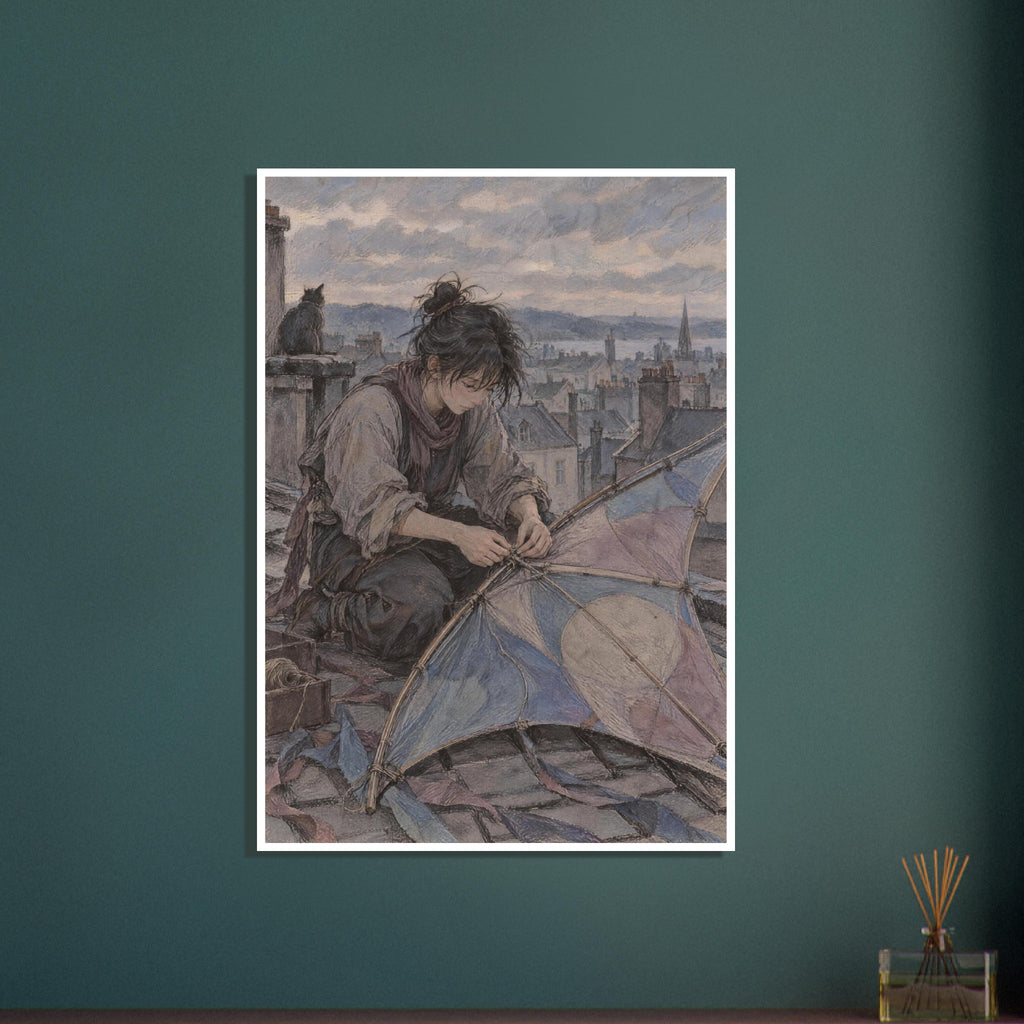 Seated figure mending a blue and beige patchwork kite on a rooftop, with a cat, chimneys and a cloudy sky behind.