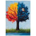 Tree with red, orange and yellow foliage on the left, blue foliage and a perched owl on the right, against pale blue.