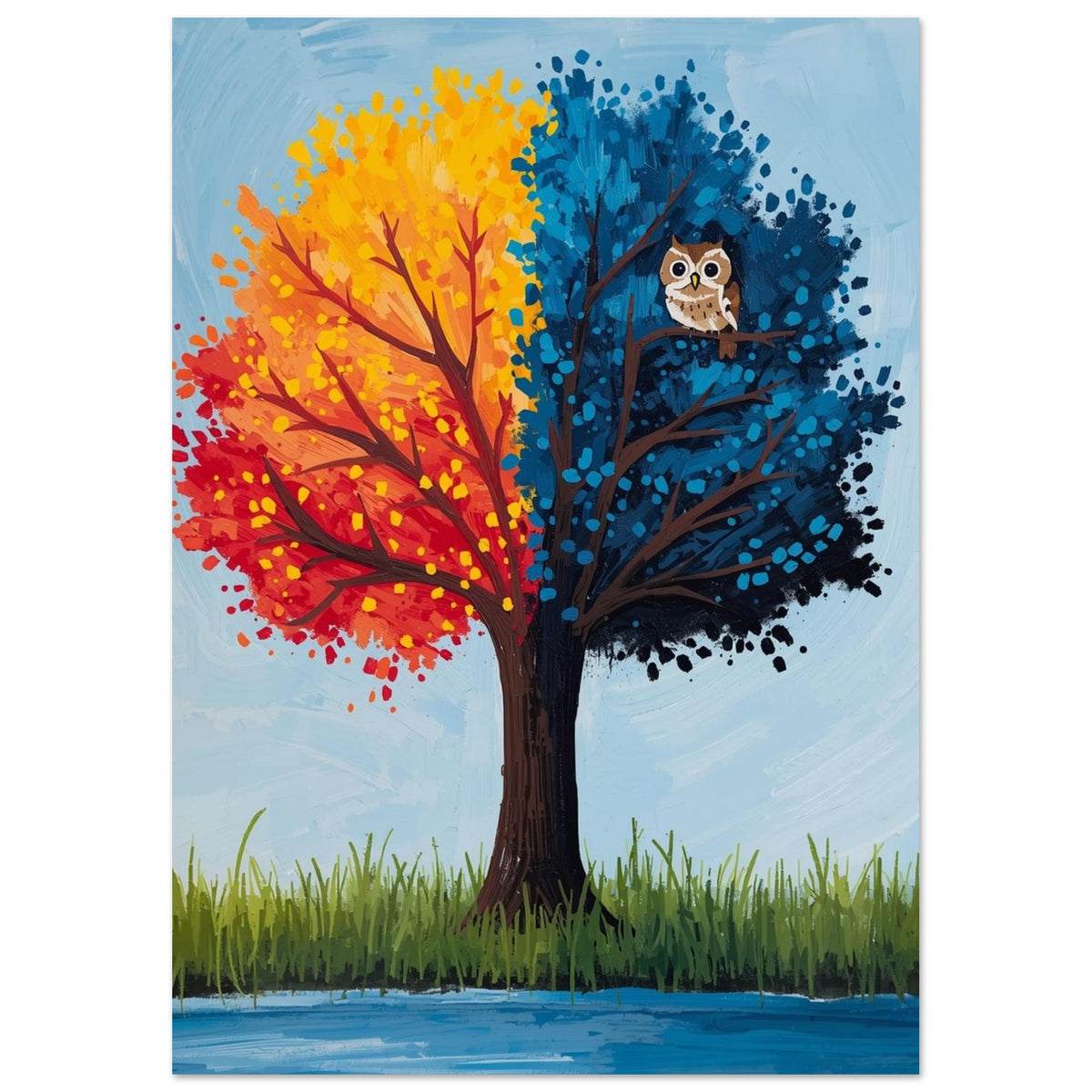 Tree with red, orange and yellow foliage on the left, blue foliage and a perched owl on the right, against pale blue.