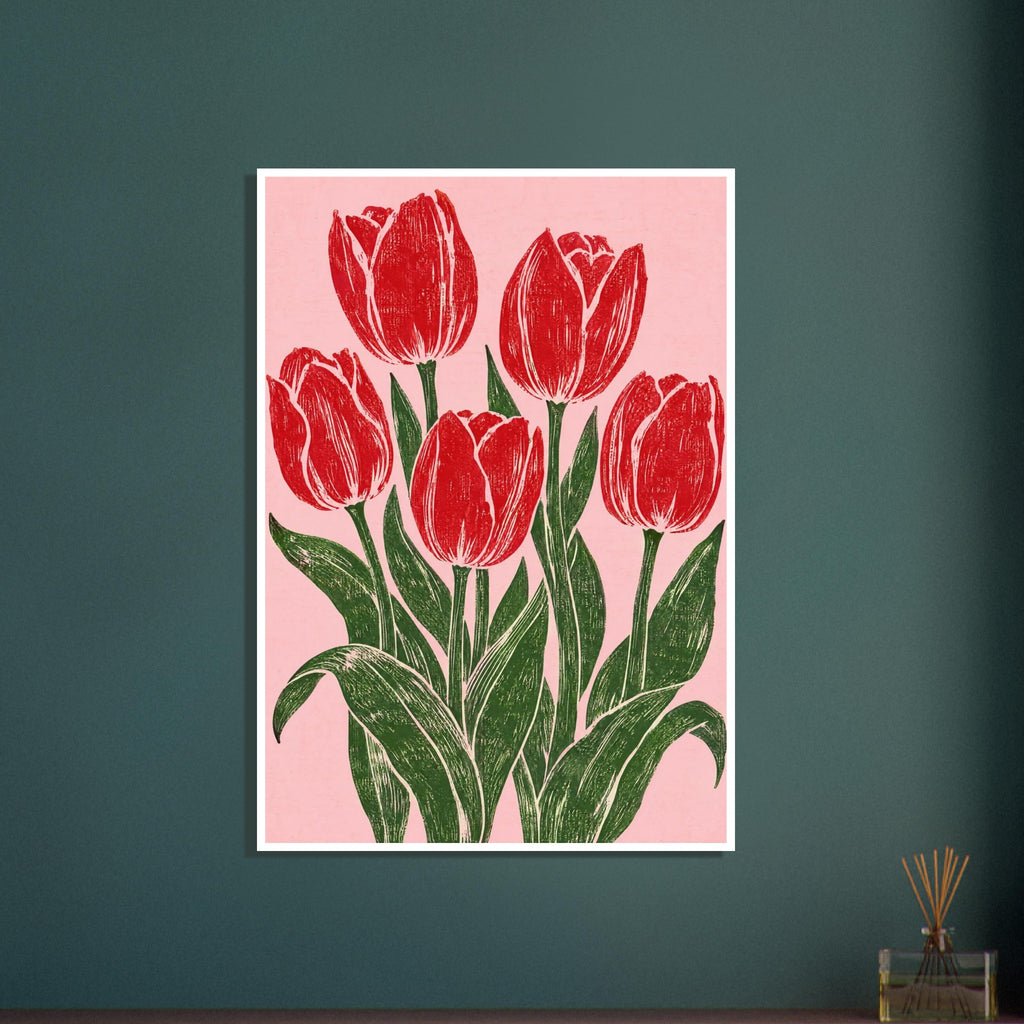 Five red tulips with dark green stems and sweeping leaves on a pink background, illustrated with textured carved lines.