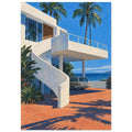 White coastal villa with a curved staircase, palm trees, a parked estate car and terracotta paving beside blue sea.