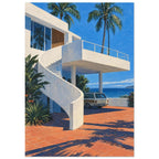 White coastal villa with a curved staircase, palm trees, a parked estate car and terracotta paving beside blue sea.