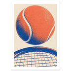 Orange tennis ball with cream seams and blue shading above a cropped blue racket on a textured cream background.