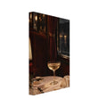 Train dining table with a coupe glass, glowing lamp and cream linen beside burgundy seating and a rain-streaked window.