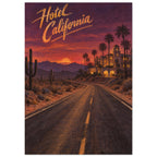Hotel California lettering above a desert road, cacti and a palm-lined hotel beneath an orange and purple sunset.