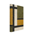 Geometric rectangles in olive green, mustard yellow and cream, divided by thick black bands with visible brush marks.