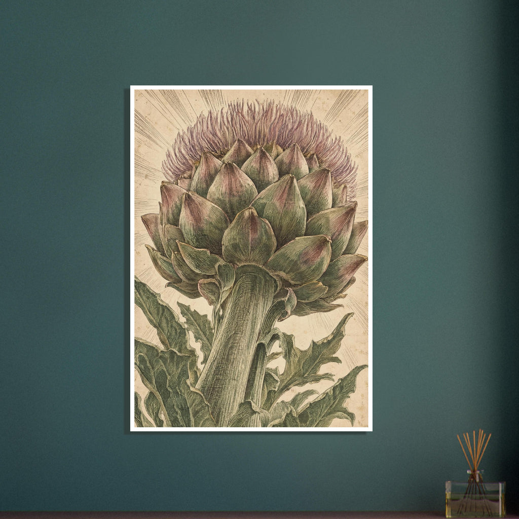 Flowering artichoke with green bracts, purple florets and jagged leaves on a textured beige background.