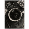 Coffee cup with an eye in its dark surface, ‘Black Coffee’ lettering, a pencil, crumpled paper and a cup stain.