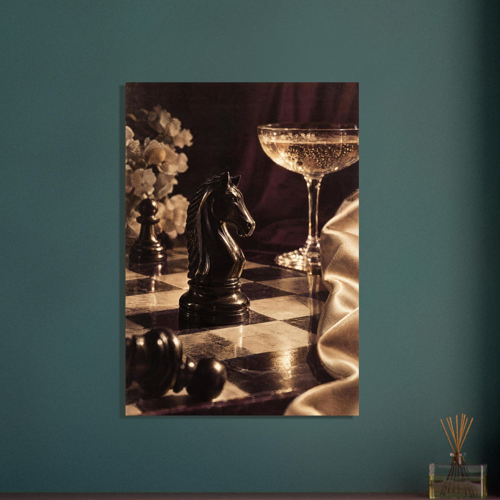 Black chess knight on a chessboard beside a champagne coupe, pale flowers and golden fabric against burgundy drapery.