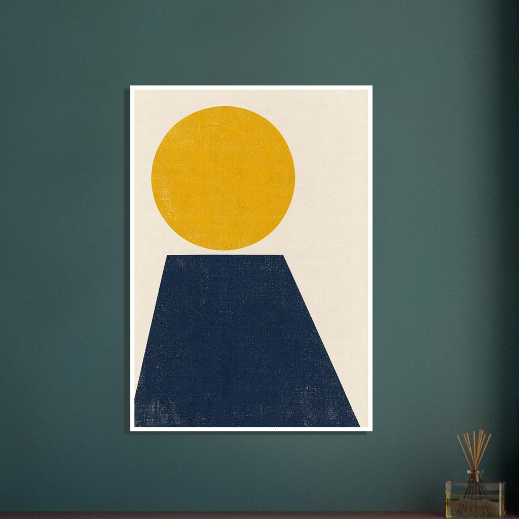 Large yellow circle above a navy trapezoid on a cream background, with distressed texture across the shapes.