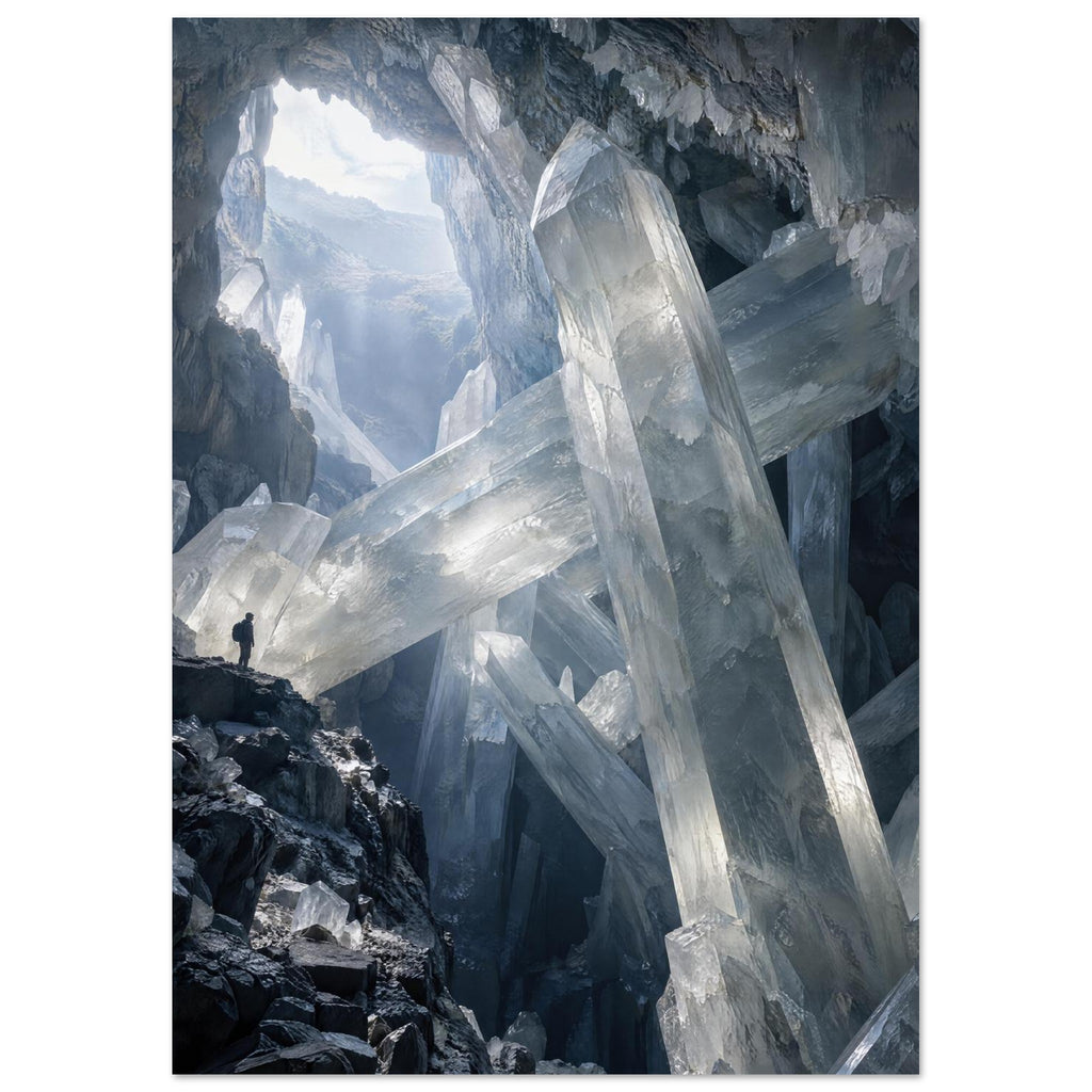 Giant translucent crystals cross a dark rocky cavern, with light entering above and a small figure standing on a ledge.