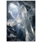 Giant translucent crystals cross a dark rocky cavern, with light entering above and a small figure standing on a ledge.