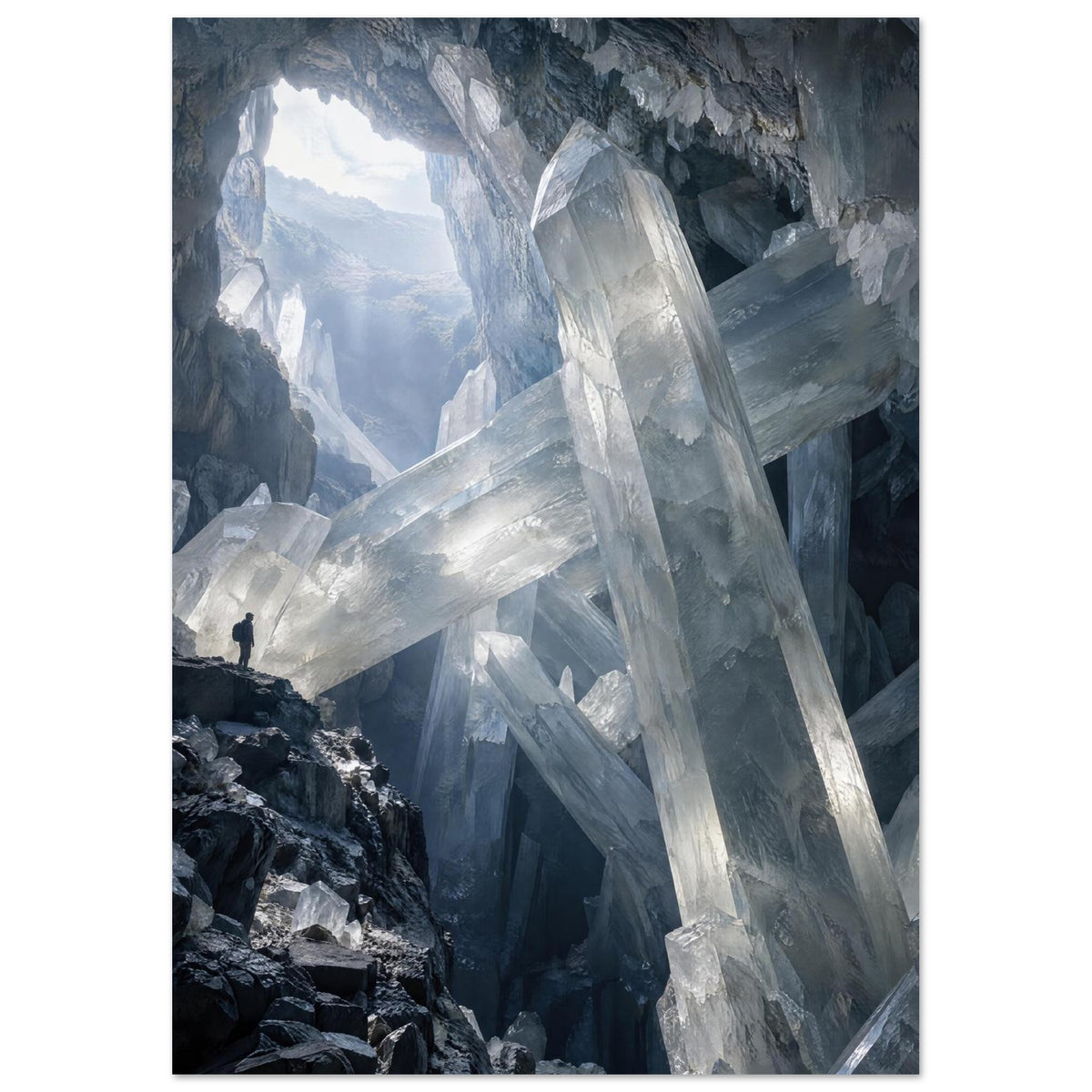 Giant translucent crystals cross a dark rocky cavern, with light entering above and a small figure standing on a ledge.