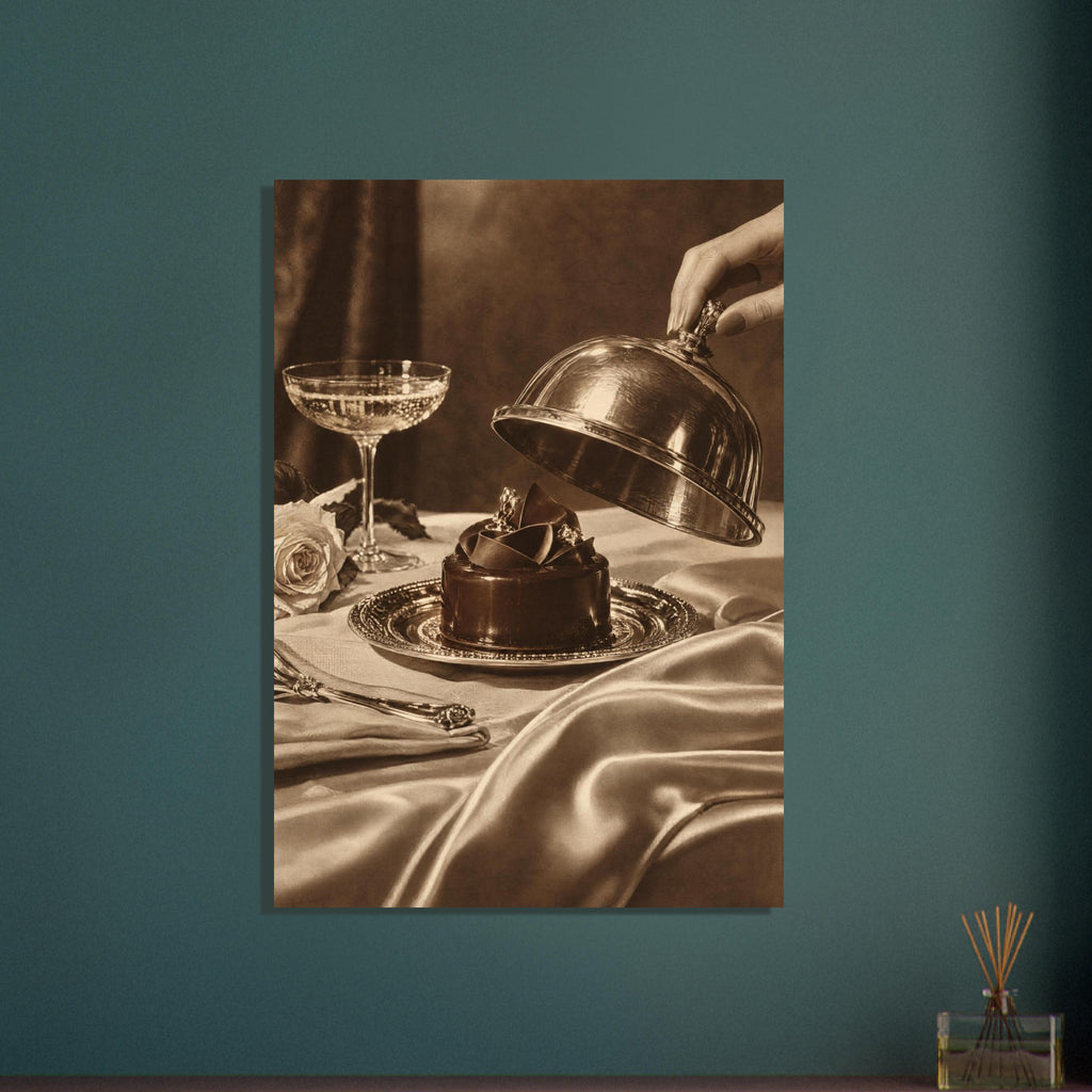 Chocolate cake on an ornate plate beneath a hand lifting a cloche, with a glass, rose and draped fabric in sepia tones.
