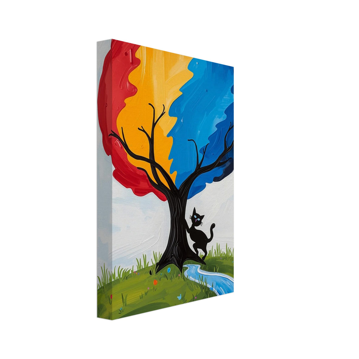 Tree with a red, yellow and blue canopy, a black cat beside its trunk, and a winding blue stream through green grass.