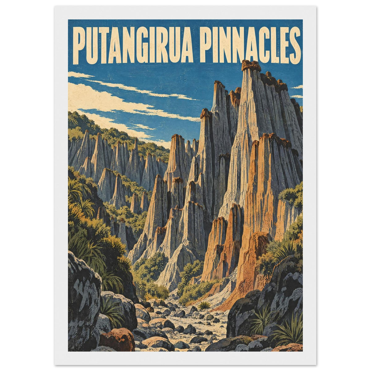 Putangirua Pinnacles Retro Travel Poster – Framed