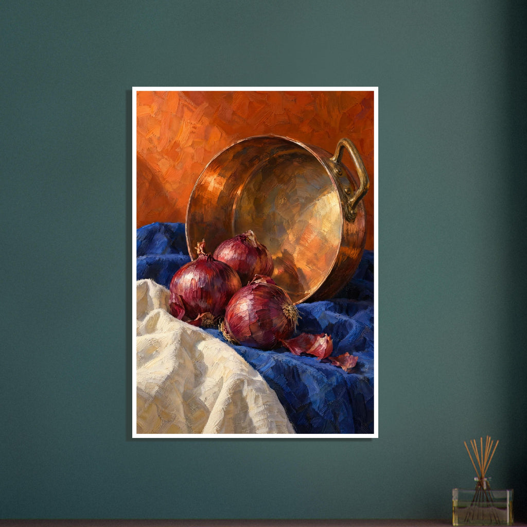 Three red onions and loose skins on blue and cream cloth beside a tilted copper pan against an orange background.